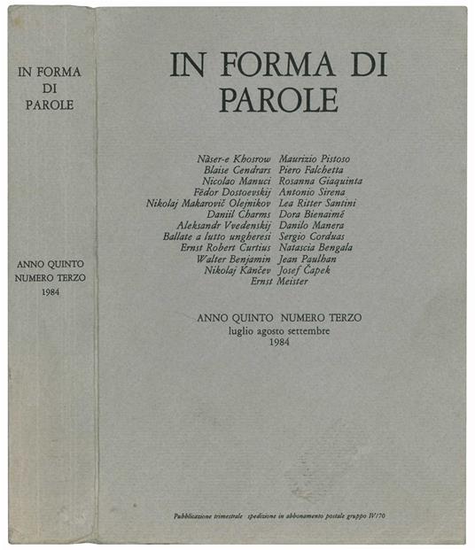 In forma di parole. Anno quinto numero terzo. Luglio Agosto Settembre 1984 - Rolando Gualerzi - copertina
