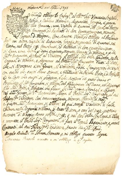 Angelo Baraldi di Solara (MO) vende al nobiluomo modenese Vincenzo Bassoli "acquavite greggia a prova d'olio comune, una vasella di quartari 6 e un'altra di acquavite greggia mercantile pure di quartari 6". Manoscritto cartaceo in italiano. Modena, 2 - Contratto Per La Vendita Di Acquavite - copertina