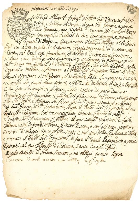 Angelo Baraldi di Solara (MO) vende al nobiluomo modenese Vincenzo Bassoli "acquavite greggia a prova d'olio comune, una vasella di quartari 6 e un'altra di acquavite greggia mercantile pure di quartari 6". Manoscritto cartaceo in italiano. Modena, 2 - Contratto Per La Vendita Di Acquavite - copertina