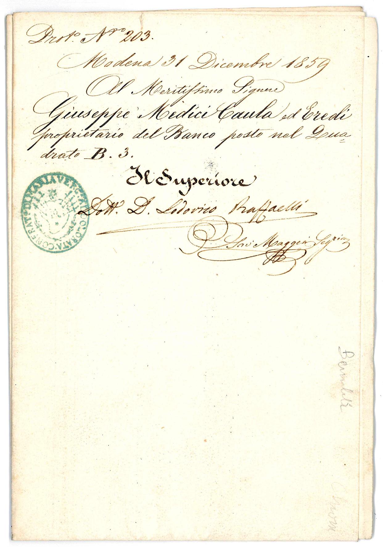Certificazione di proprietà di un banco presso la Chiesa dei Servi di Modena