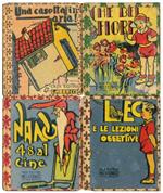 Quattro volumi della Bibliotechina Balilla: Leo e le lezioni oggettive (nr. 4) Che bei fiori (nr. 5) Una casetta in aria (nr. 12) Dall'asilo alla scuola (nr. 16)