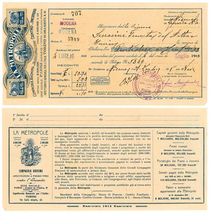 Due cedole assicurative intestate a Ferrarini Ernesta datate 4 luglio 1915 e 4 luglio 1918 - copertina