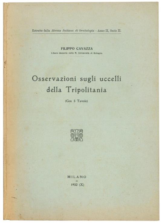 Osservazioni sugli uccelli della Tripolitania - Filippo Cavazza - copertina
