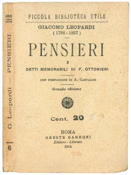 Pensieri e detti memorabili di F. Ottoneri. Con prefazione di A. Castaldo - Giacomo Leopardi - copertina