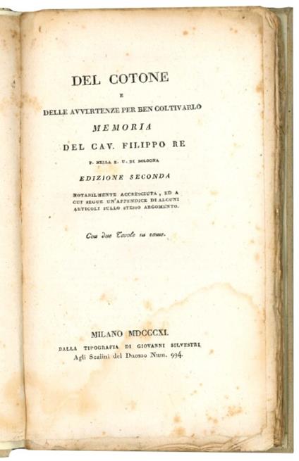 Del cotone e delle avvertenze per ben coltivarlo - Filippo Re - copertina