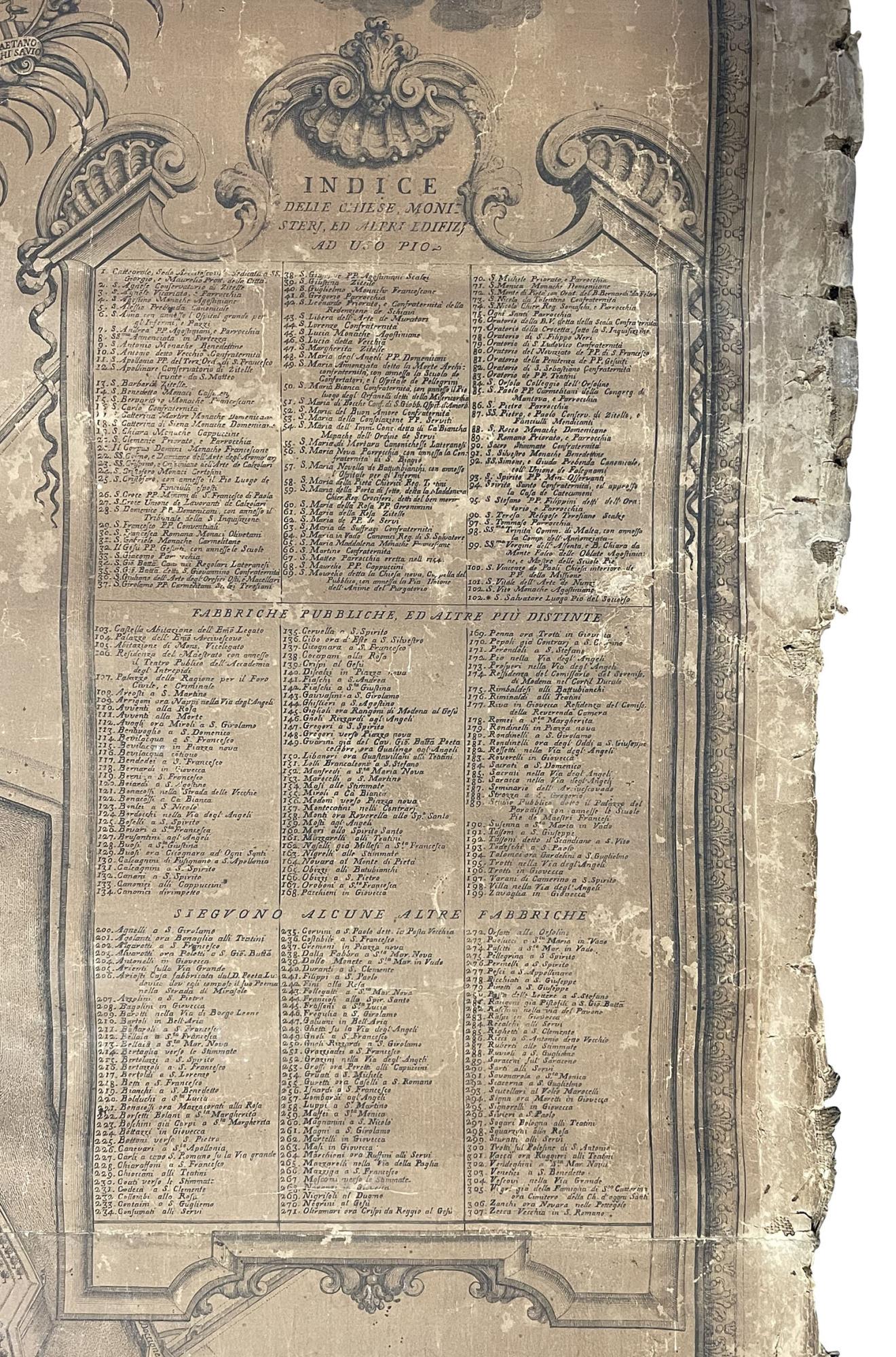 Nuova pianta ed alzato della città di Ferrara, con tutte le sue strade, chiese, palazzi, ed altre fabbriche come si trovano nell'anno MDCCXXXXVII. Disegnata, ed intagliata da Andrea Bolzoni Ferrarese, dal quale se ne dispensano le copie nella città m