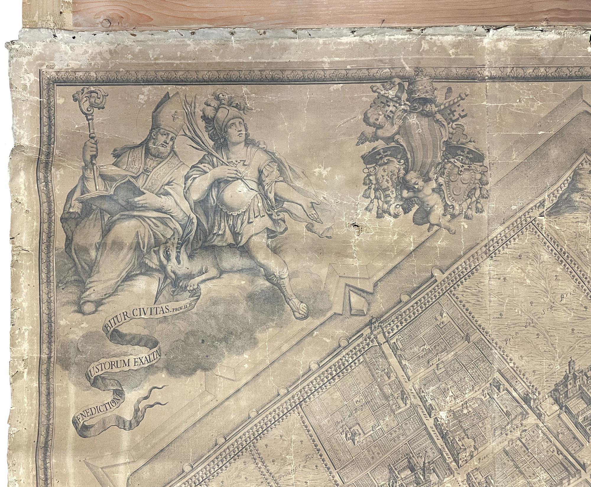 Nuova pianta ed alzato della città di Ferrara, con tutte le sue strade, chiese, palazzi, ed altre fabbriche come si trovano nell'anno MDCCXXXXVII. Disegnata, ed intagliata da Andrea Bolzoni Ferrarese, dal quale se ne dispensano le copie nella città m