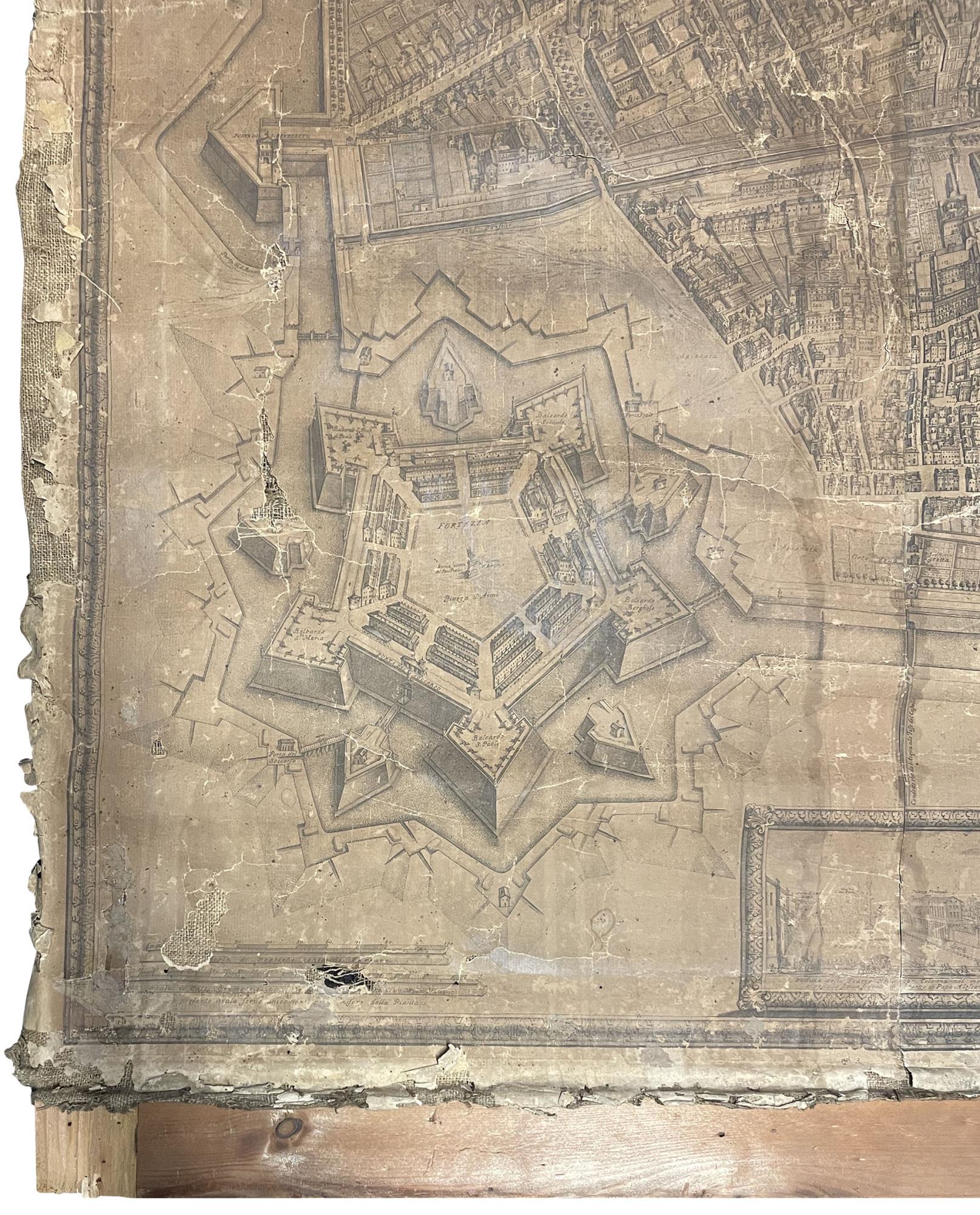 Nuova pianta ed alzato della città di Ferrara, con tutte le sue strade, chiese, palazzi, ed altre fabbriche come si trovano nell'anno MDCCXXXXVII. Disegnata, ed intagliata da Andrea Bolzoni Ferrarese, dal quale se ne dispensano le copie nella città m