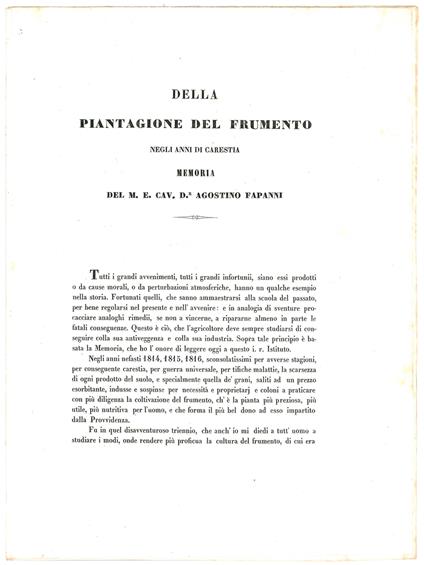 Della piantagione del frumento negli anni di carestia. Memoria del M. E. Cav. D.r Agostino Fapanni - copertina