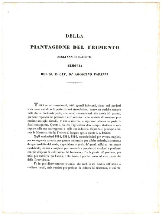 Della piantagione del frumento negli anni di carestia. Memoria del M. E. Cav. D.r Agostino Fapanni - copertina