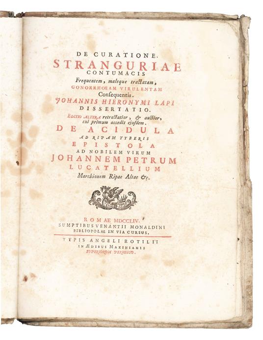 De curatione stranguriae contumacis frequentem, maleque tractatam, gonorrhoeam virulentam consequentis. Johannis Hieronymi Lapi dissertatio - copertina