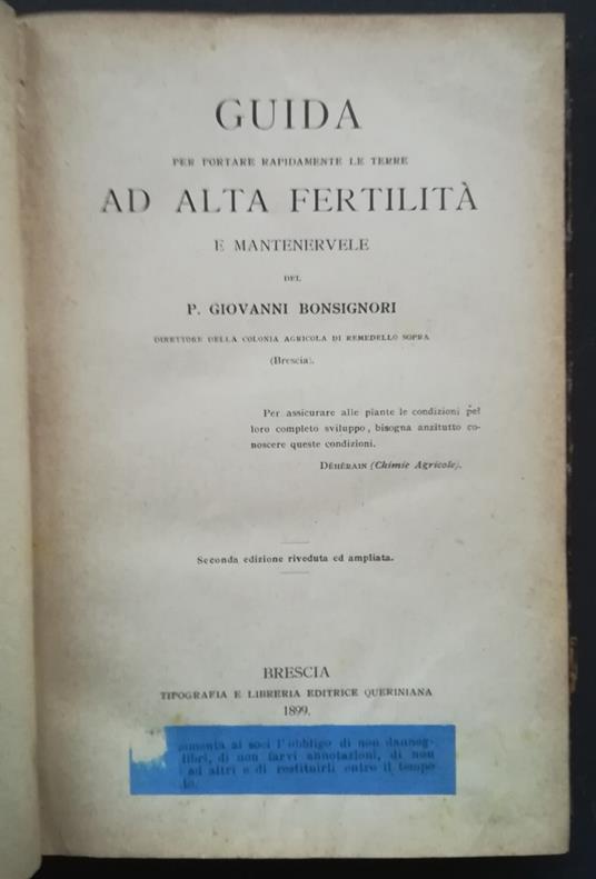Guida per portare rapidamente le terre ad alta fertilita e mantenervele - Giovanni Bonsignori - copertina