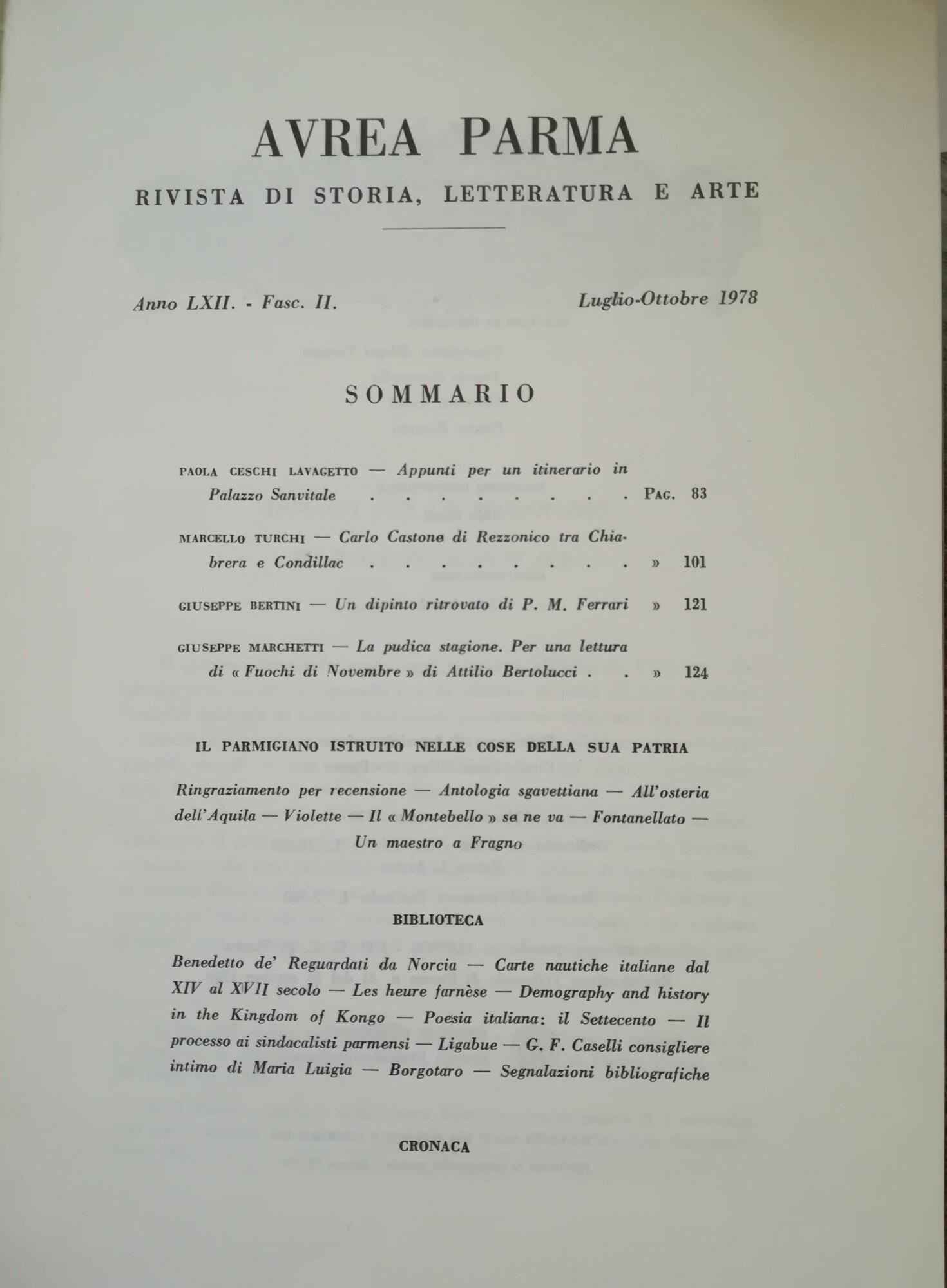 Avrea Parma (Aurea Parma): rivista quadrimestrale di storia, letteratura e arte. Anno LXIII 1978
