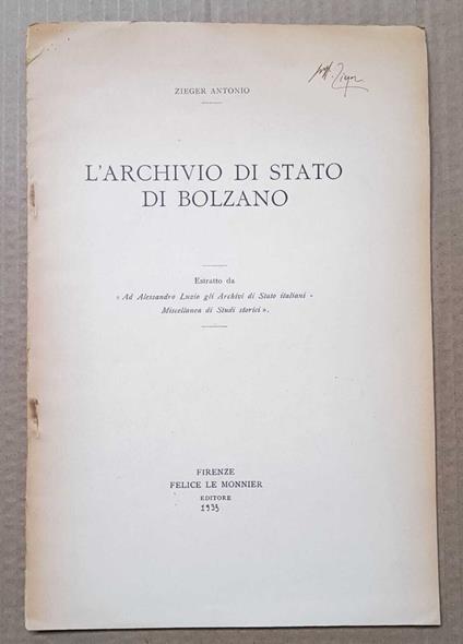 L' Archivio di Stato di Bolzano - Antonio Zieger - copertina