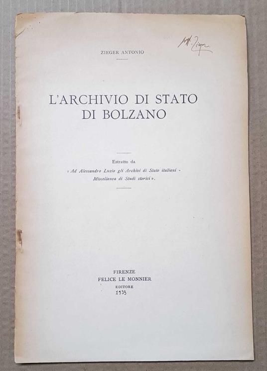 L' Archivio di Stato di Bolzano - Antonio Zieger - copertina