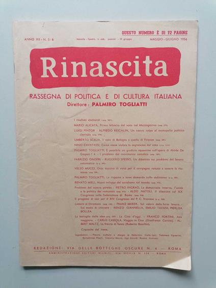 Rinascita: N. 5-6 A. XII, 1956. Rassegna di politica e di cultura italiana - copertina
