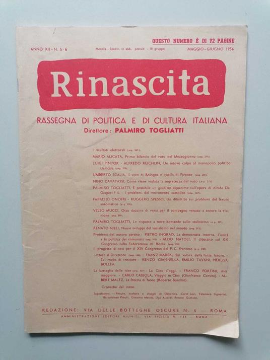 Rinascita: N. 5-6 A. XII, 1956. Rassegna di politica e di cultura italiana - copertina