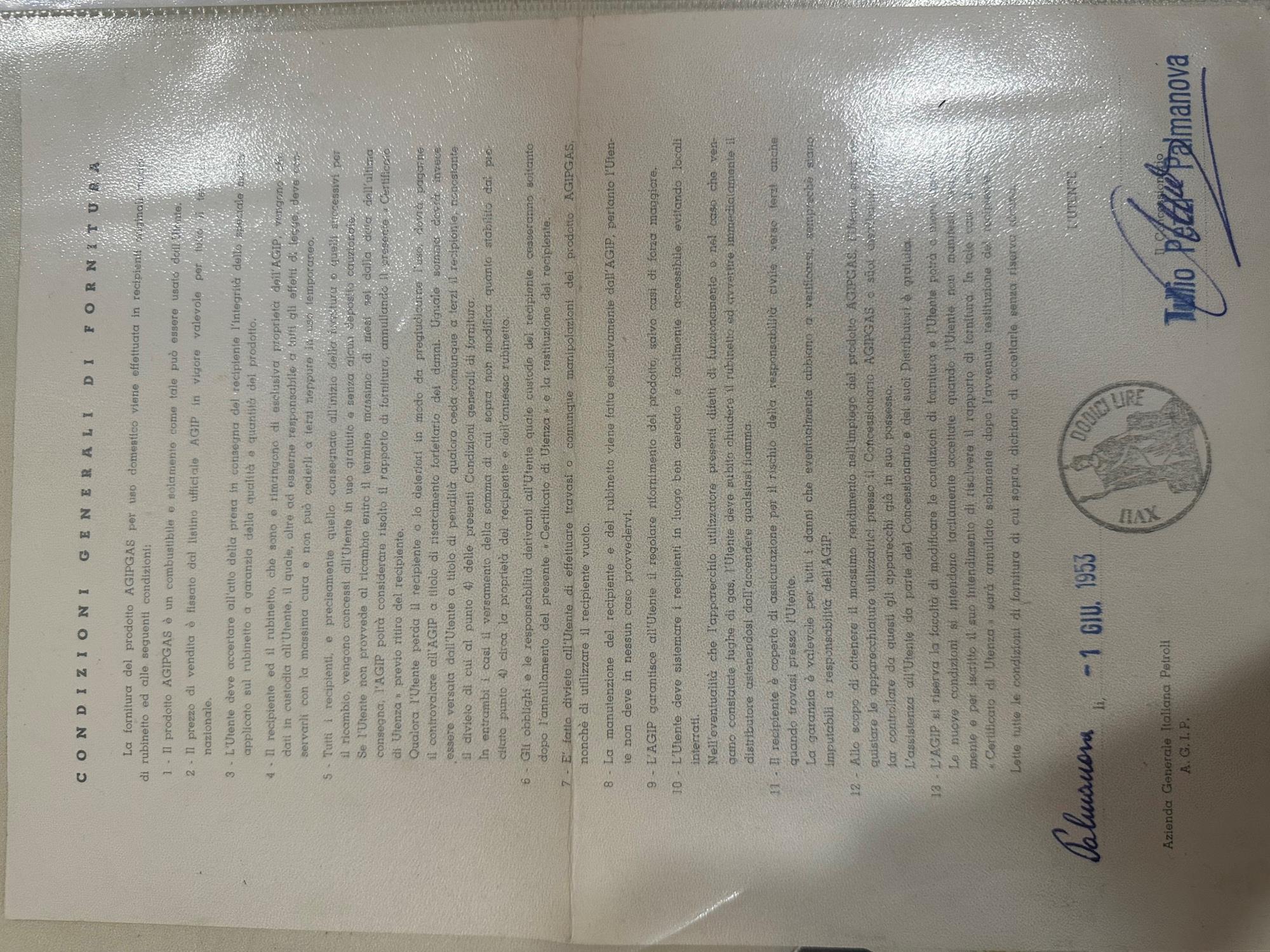 vintage certificato utenza AGIP AUTO GAS AGIPGAS anni 60 ca