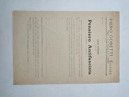 Piero Gobetti - Editore. Torino - Via XX settembre n. 60. Sta per uscire: Luigi Sturzo. Pensiero antifascista ... (Fogli di prenotazione editoriale) - Piero Gobetti - copertina