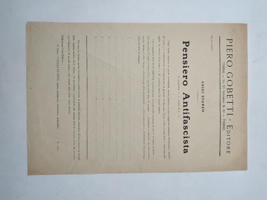 Piero Gobetti - Editore. Torino - Via XX settembre n. 60. Sta per uscire: Luigi Sturzo. Pensiero antifascista ... (Fogli di prenotazione editoriale) - Piero Gobetti - copertina