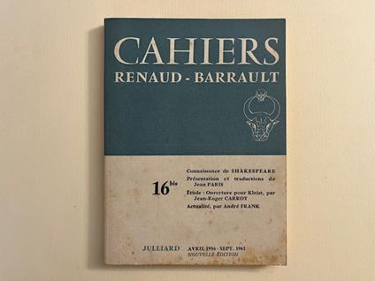 Cahiers de la Compagnie Renaud - Jean Louis Barrault. Connaissance de Shakespeare - Jean Paris - copertina
