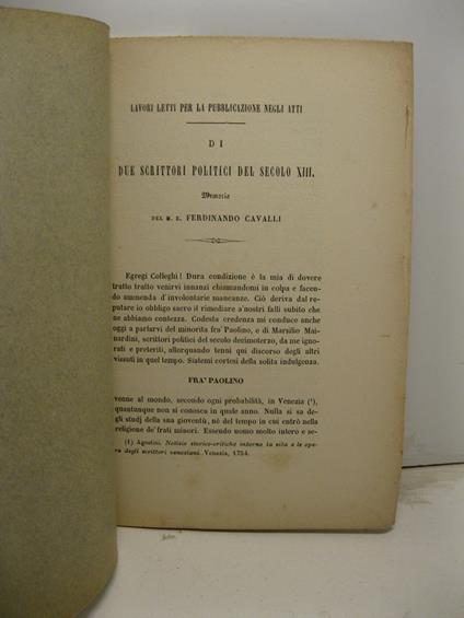 Di due scrittori politici del secolo XIII - Ferdinando Cavalli - copertina