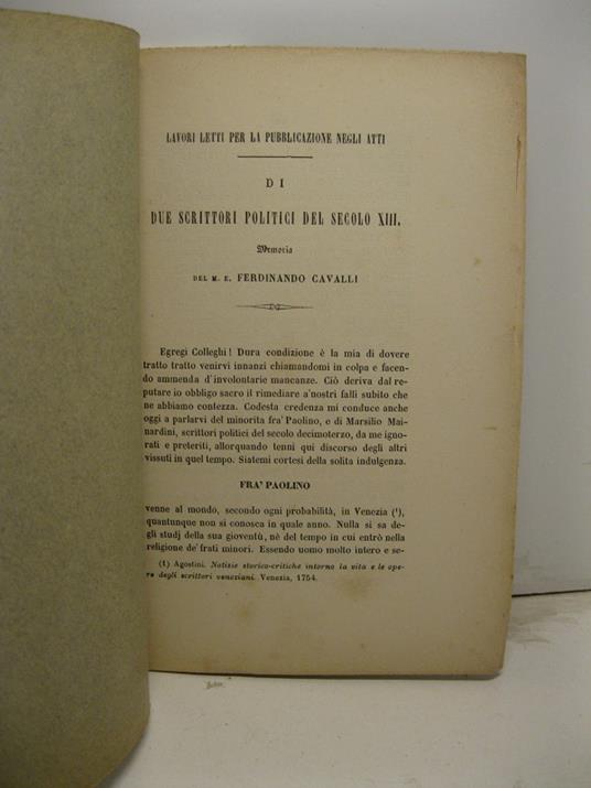 Di due scrittori politici del secolo XIII - Ferdinando Cavalli - copertina