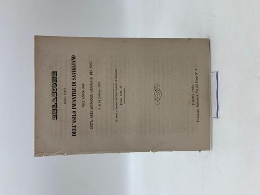 Relazione sullo stato dell'asilo infantile di Savigliano nell'anno 1849 - Vittorio Cordero Di Montezemolo - copertina