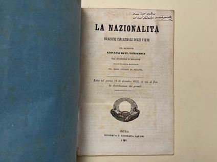 La nazionalita'. Orazione inaugurale degli studi - copertina