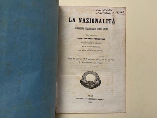 La nazionalita'. Orazione inaugurale degli studi - copertina