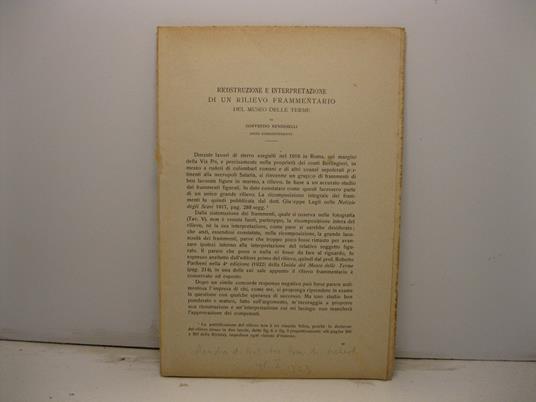 Ricostruzione e interpretazione di un rilievo frammentario del Museo delle Terme - Goffredo Bendinelli - copertina