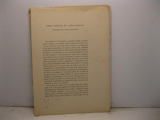 Piero Vettori et Carlo Sigonio. Correspondance avec Fulvio Orsini - copertina