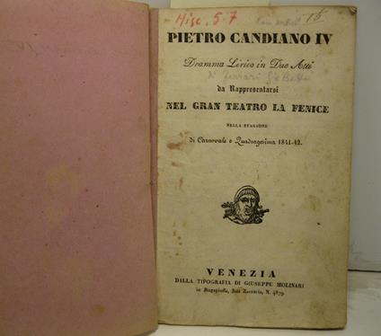 Pietro Candiano IV. Dramma lirico in due atti da rappresentarsi nel Gran Teatro La Fenice nella stagione di Carnovale e Quadragesima 1841-42 - copertina