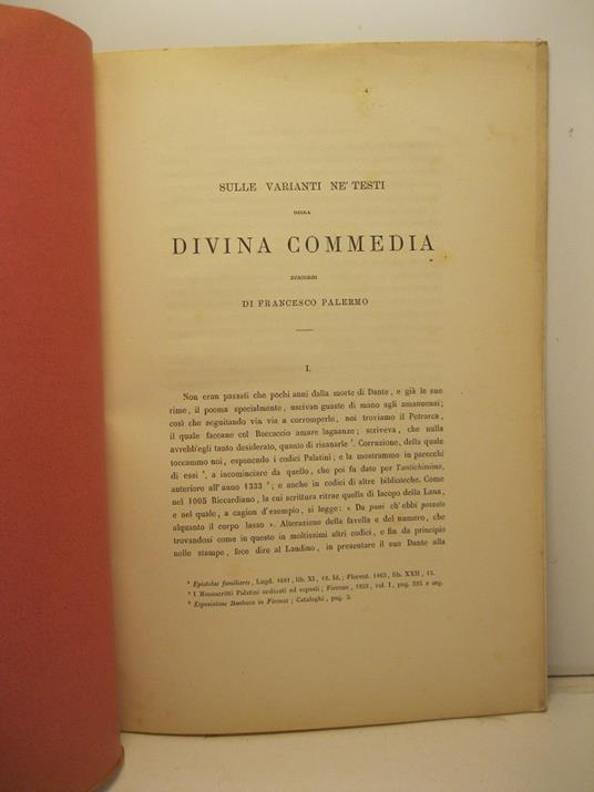Sulle varianti ne' testi della Divina Commedia. Discorso - Francesco Palermo - copertina