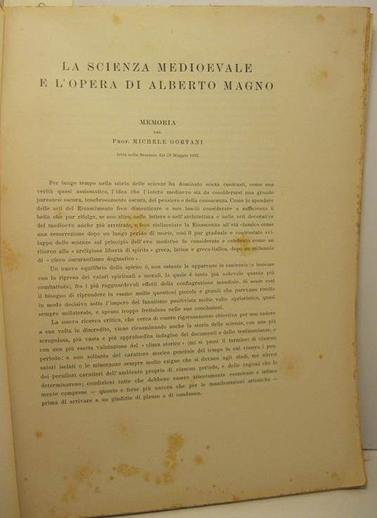 La scienza medioevale e l'opera di Alberto Magno. Memoria letta nella sessione del 29 maggio 1932 - copertina