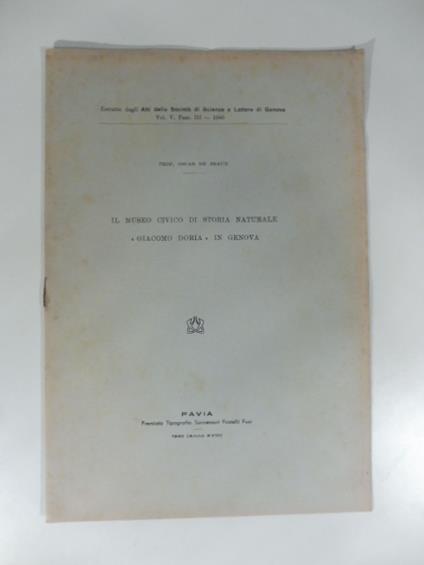 Il Museo civico di Storia naturale Giacomo Doria in Genova. Estratto editoriale - copertina