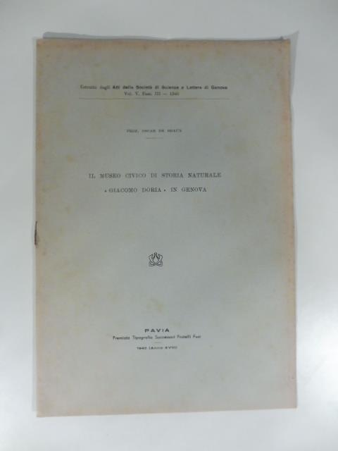 Il Museo civico di Storia naturale Giacomo Doria in Genova. Estratto editoriale