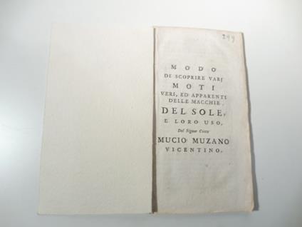 Modo di scoprire varj moti veri ed apparenti delle macchie del sole e loro uso - copertina