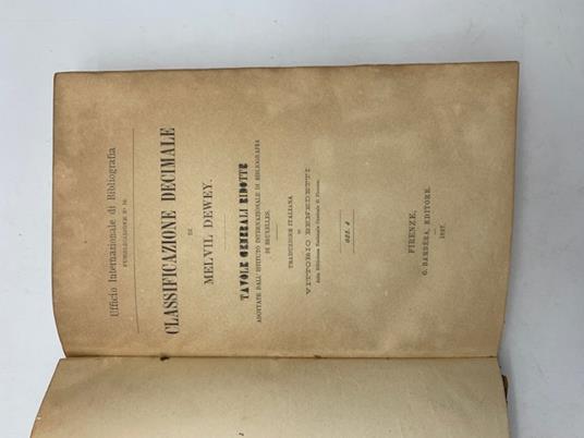 Classificazione decimale di Melvil Dewey. Tavole generali ridotte adottate dall'Istituto internazionale di bibliografia di Bruxelles. Traduzione italiana - copertina
