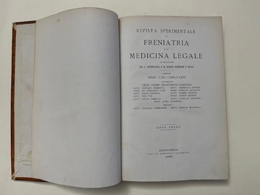 Rivista sperimentale di freniatria e di medicina legale in relazione con l'antropologia e le scienze giuridiche e sociali. Anno primo - copertina