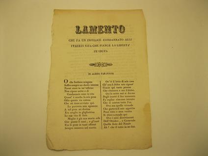 Lamento che fa un infelice condannato alli ferri in vita che piange la liberta' perduta - copertina