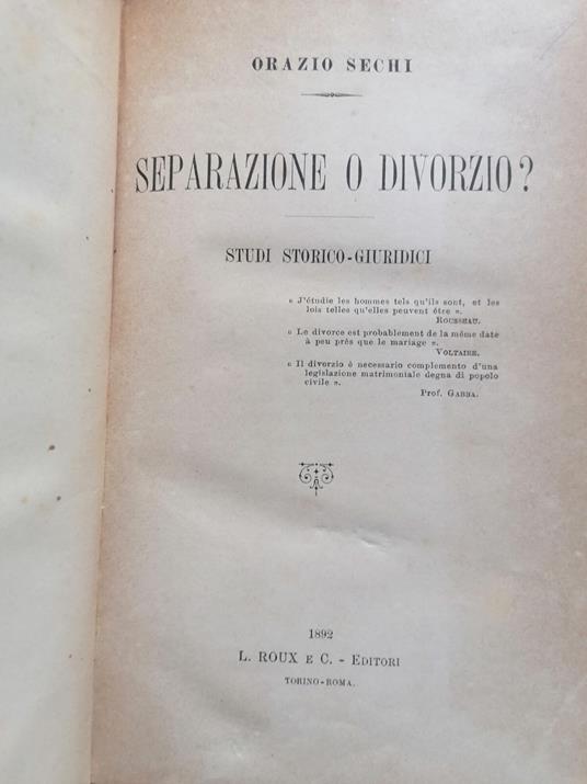 Separazione O Divorzio? Studi Storico-Giuridici - copertina