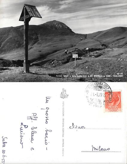 Passo Sella con Col e rif. Rodella. Ed. Ghedini. Viaggiata 1955 - copertina