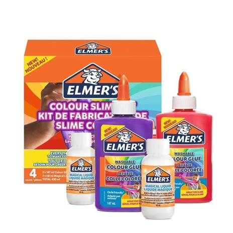 Elmer's SLIME KIT. 2 Flaconi di colla liquida colori PURPLE, ROSA OPACO da 147 ml + 2 Flaconi di MAGICAL LIQUID da 68 ml - 4