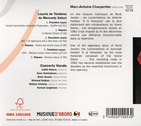 Leçons de Ténèbres du Mercredy Sainct H 96-98 - CD Audio di Marc-Antoine Charpentier,William Christie,Concerto Vocale - 2