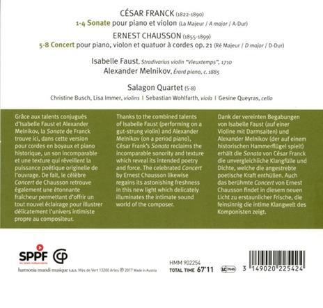 Sonate per pianoforte e violino / Concerto per pianoforte violino e quartetto d'archi - CD Audio di César Franck,Ernest Chausson,Alexander Melnikov,Isabelle Faust - 2