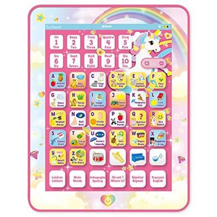 Lexibook JCPAD002UNIi1 - Tavoletta educativa bilingue Unicorno, Giocattolo per Imparare Le Lettere, Numeri vocabolari e Musica, Lingua Francese/Inglese, Rosa