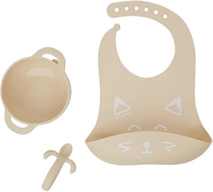 Set pappa Bavaglino Piatto e Cucchiaino 6-12 mesi 3 pezzi Fantasia Volpe Beige
