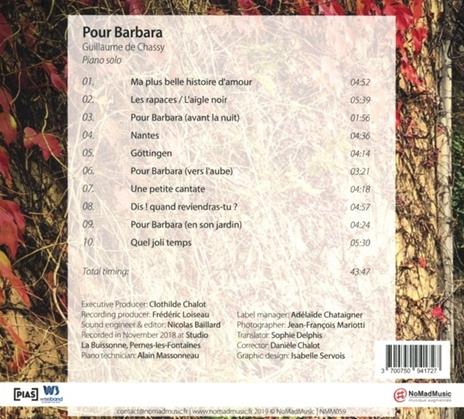 Pour Barbara - CD Audio di Guillaume De Chassy - 2