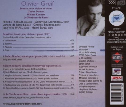 Sonata per Violino e Pianoforte, Codex Domini, Wiener Konzert - CD Audio di Olivier Greif - 2